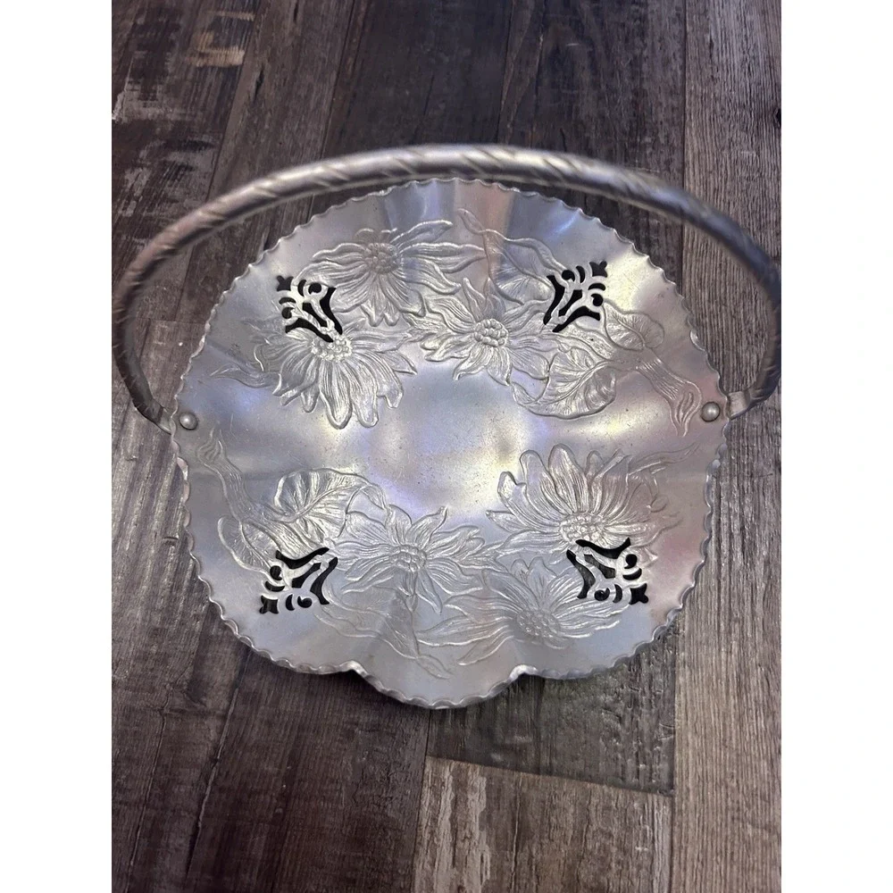 Aluminum Basket with Handle, Floral Cutout & Embossed Design
